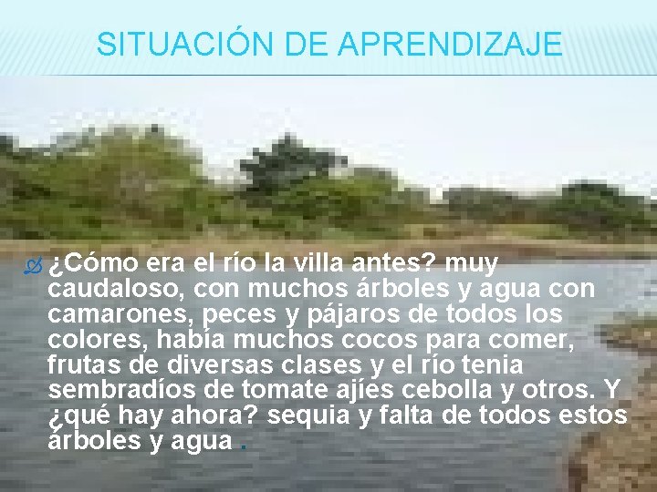 SITUACIÓN DE APRENDIZAJE ¿Cómo era el río la villa antes? muy caudaloso, con muchos