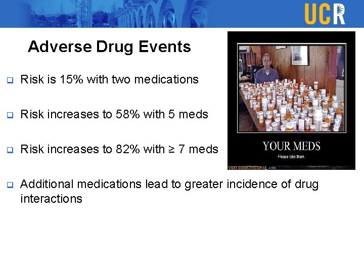 Adverse Drug Events q Risk is 15% with two medications q Risk increases to