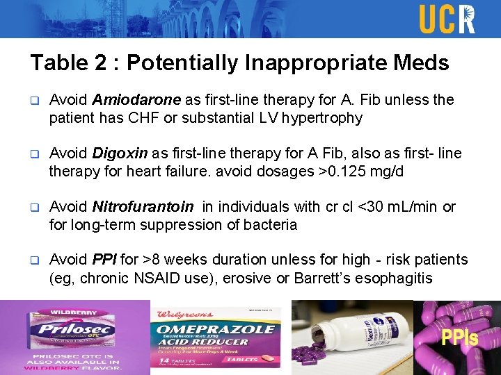 Table 2 : Potentially Inappropriate Meds q Avoid Amiodarone as first-line therapy for A.