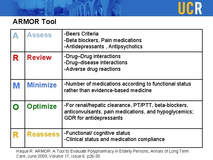 ARMOR Tool A Assess -Beers Criteria -Beta blockers, Pain medications -Antidepressants , Antipsychotics R