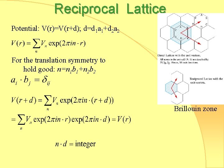 Reciprocal Lattice Potential: V(r)=V(r+d); d=d 1 a 1+d 2 a 2 For the translation