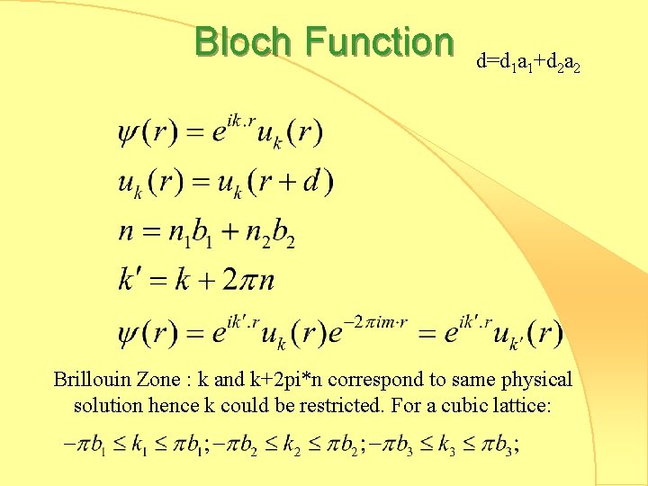 Bloch Function d=d 1 a 1+d 2 a 2 Brillouin Zone : k and