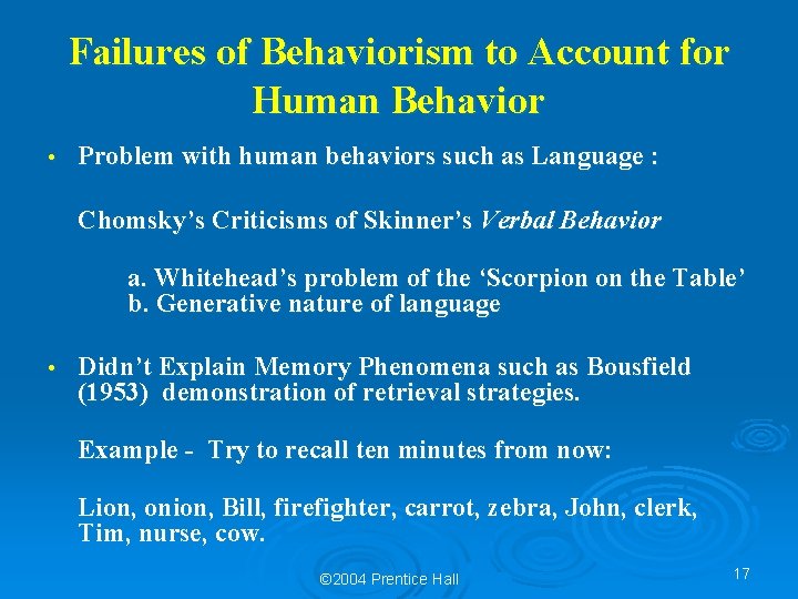 Failures of Behaviorism to Account for Human Behavior • Problem with human behaviors such