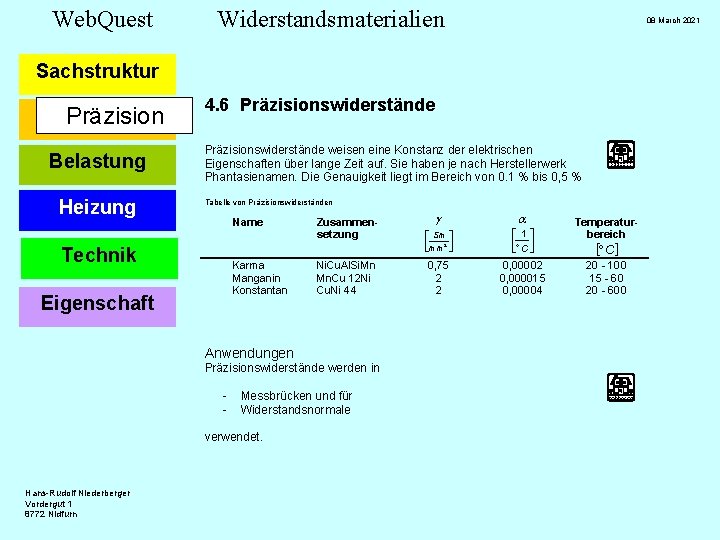 Web. Quest Widerstandsmaterialien 08 March 2021 Sachstruktur Präzision Belastung Heizung 4. 6 Präzisionswiderstände weisen