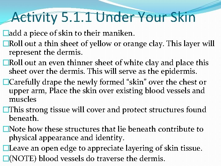 Activity 5. 1. 1 Under Your Skin �add a piece of skin to their