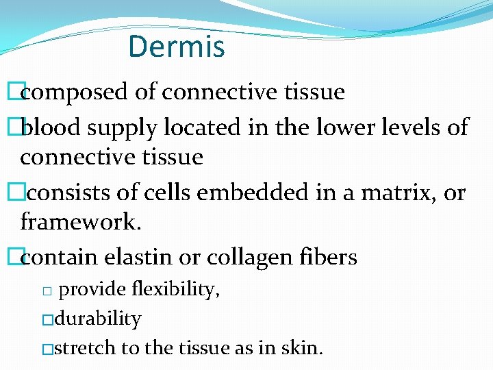 Dermis �composed of connective tissue �blood supply located in the lower levels of connective