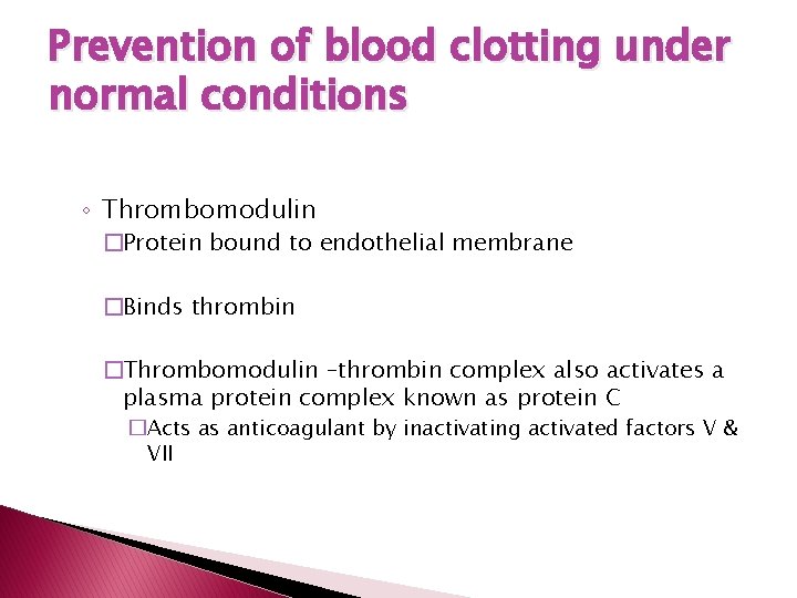Prevention of blood clotting under normal conditions ◦ Thrombomodulin �Protein bound to endothelial membrane