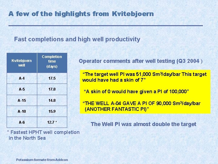 A few of the highlights from Kvitebjoern Fast completions and high well productivity Kvitebjoern