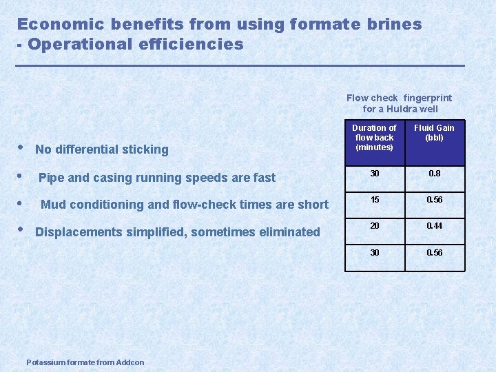 Economic benefits from using formate brines - Operational efficiencies Flow check fingerprint for a