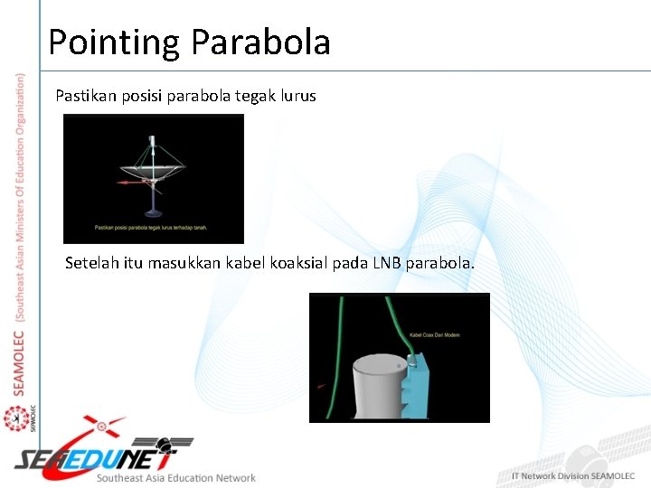 Pointing Parabola Pastikan posisi parabola tegak lurus Setelah itu masukkan kabel koaksial pada LNB