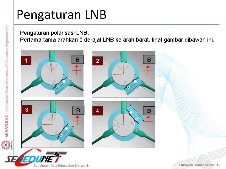 Pengaturan LNB Pengaturan polarisasi LNB: Pertama-tama arahkan 0 derajat LNB ke arah barat, lihat