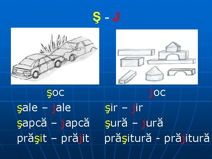 Ş-J şoc şale – jale şapcă – japcă prăşit – prăjit joc şir –