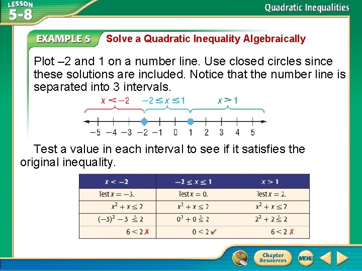 Solve a Quadratic Inequality Algebraically Plot – 2 and 1 on a number line.