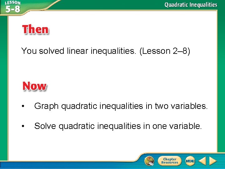 You solved linear inequalities. (Lesson 2– 8) • Graph quadratic inequalities in two variables.