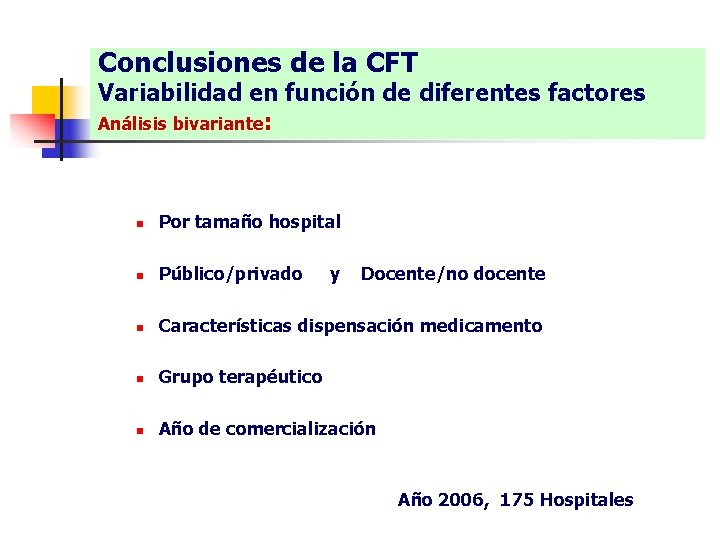 Conclusiones de la CFT Variabilidad en función de diferentes factores Análisis bivariante: n Por