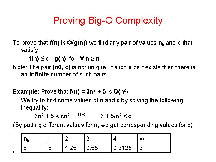 Proving Big-O Complexity To prove that f(n) is O(g(n)) we find any pair of