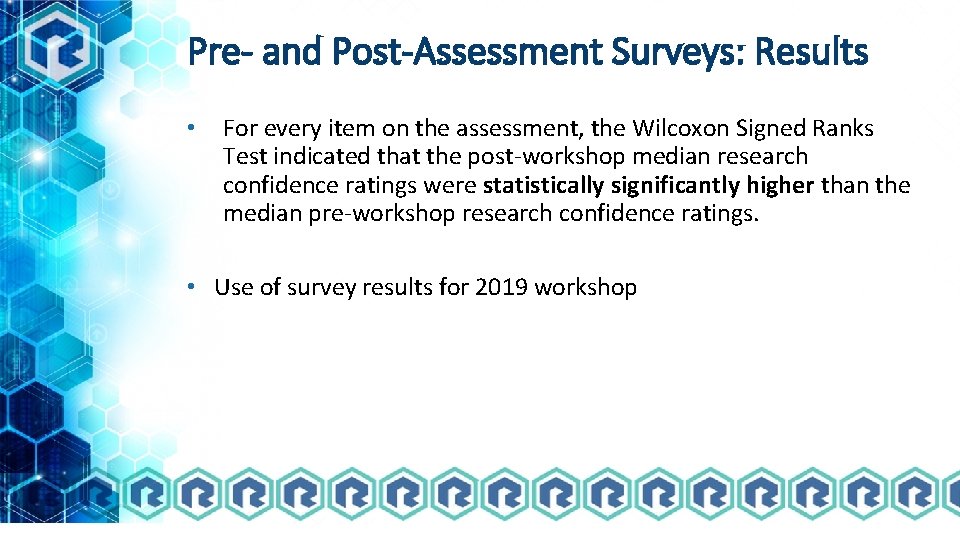Pre- and Post-Assessment Surveys: Results • For every item on the assessment, the Wilcoxon