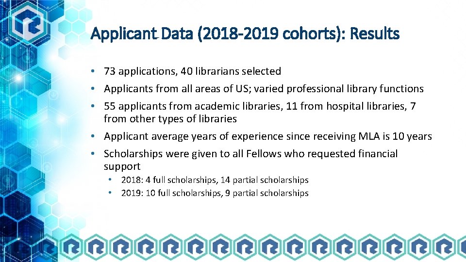 Applicant Data (2018 -2019 cohorts): Results • 73 applications, 40 librarians selected • Applicants