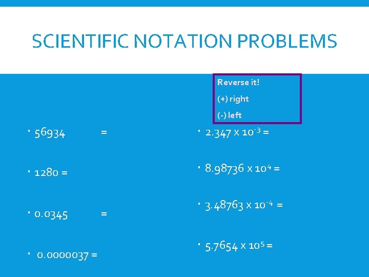 SCIENTIFIC NOTATION PROBLEMS Reverse it! (+) right (-) left 56934 = 8. 98736 x