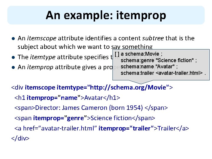 An example: itemprop l l l An itemscope attribute identifies a content subtree that