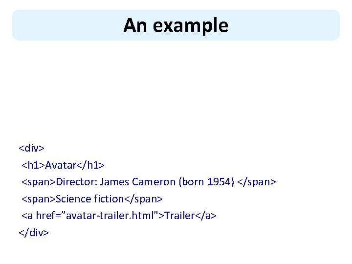 An example <div> <h 1>Avatar</h 1> <span>Director: James Cameron (born 1954) </span> <span>Science fiction</span>