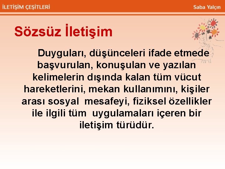Sözsüz İletişim Duyguları, düşünceleri ifade etmede başvurulan, konuşulan ve yazılan kelimelerin dışında kalan tüm