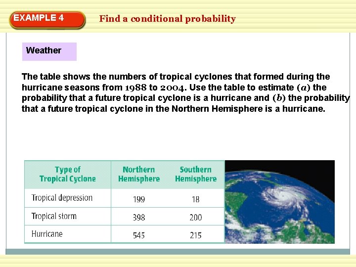 EXAMPLE 4 Find a conditional probability Weather The table shows the numbers of tropical