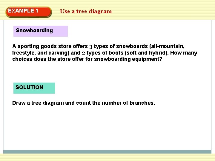 EXAMPLE 1 Use a tree diagram Snowboarding A sporting goods store offers 3 types