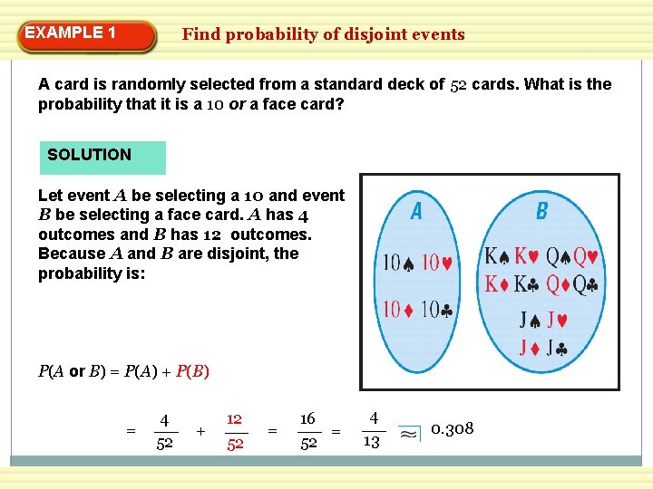 EXAMPLE 1 Find probability of disjoint events A card is randomly selected from a