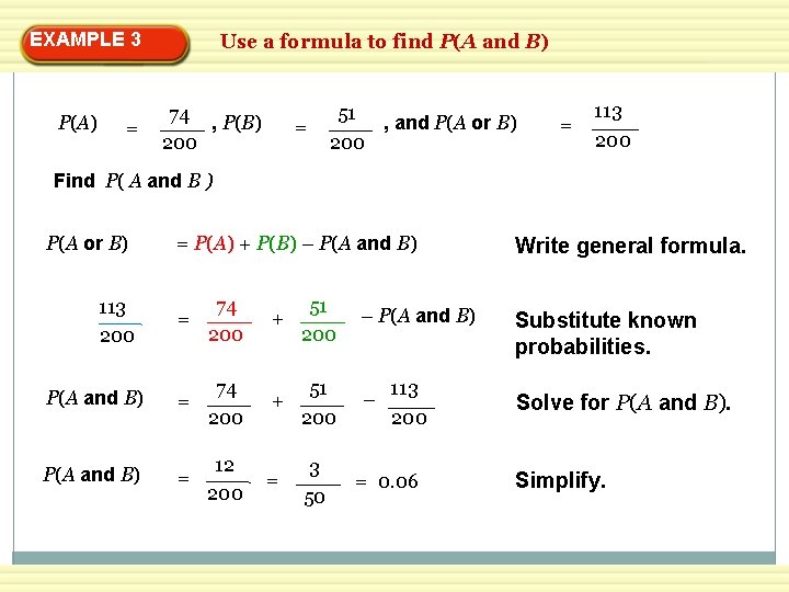 EXAMPLE 3 P(A) = Use a formula to find P(A and B) 74 ,