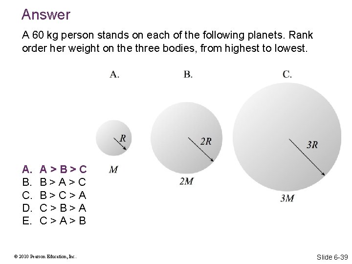 Answer A 60 kg person stands on each of the following planets. Rank order