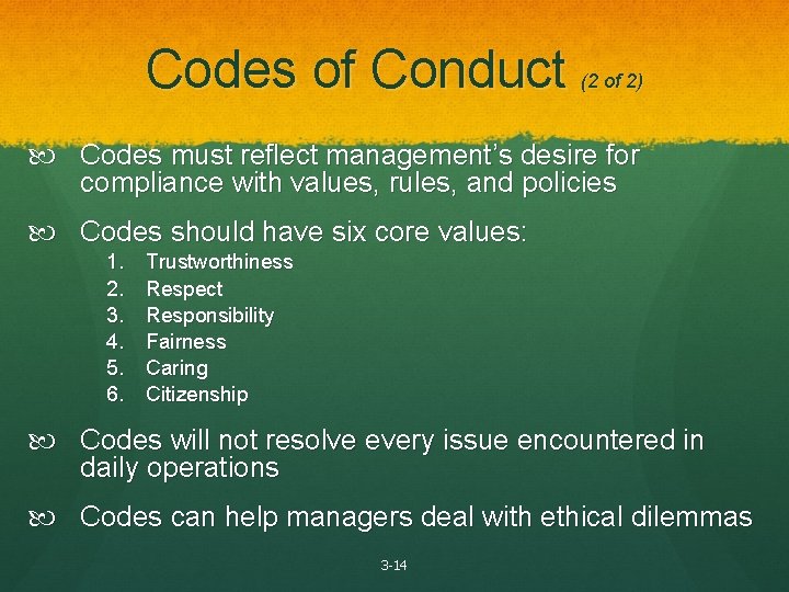 Codes of Conduct (2 of 2) Codes must reflect management’s desire for compliance with