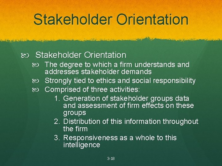 Stakeholder Orientation The degree to which a firm understands and addresses stakeholder demands Strongly