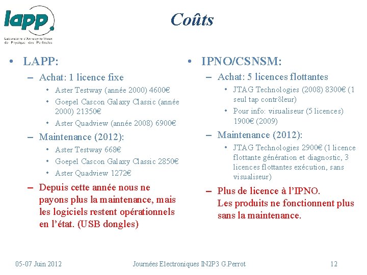 Coûts • IPNO/CSNSM: • LAPP: – Achat: 5 licences flottantes – Achat: 1 licence