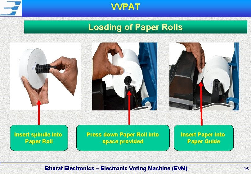 VVPAT Loading of Paper Rolls Insert spindle into Paper Roll Press down Paper Roll