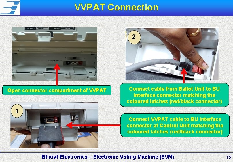 VVPAT Connection Open connector compartment of VVPAT Connect cable from Ballot Unit to BU