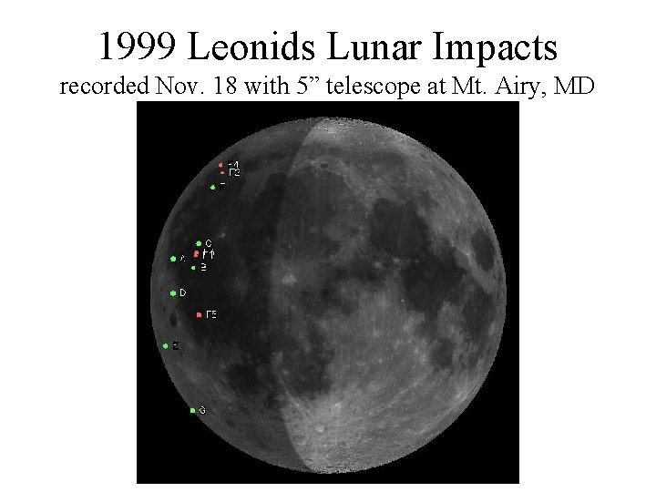 1999 Leonids Lunar Impacts recorded Nov. 18 with 5” telescope at Mt. Airy, MD