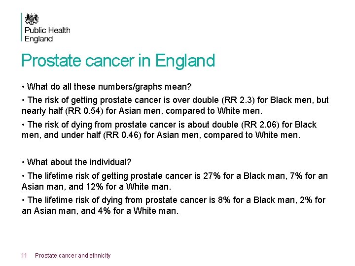 Prostate cancer in England • What do all these numbers/graphs mean? • The risk