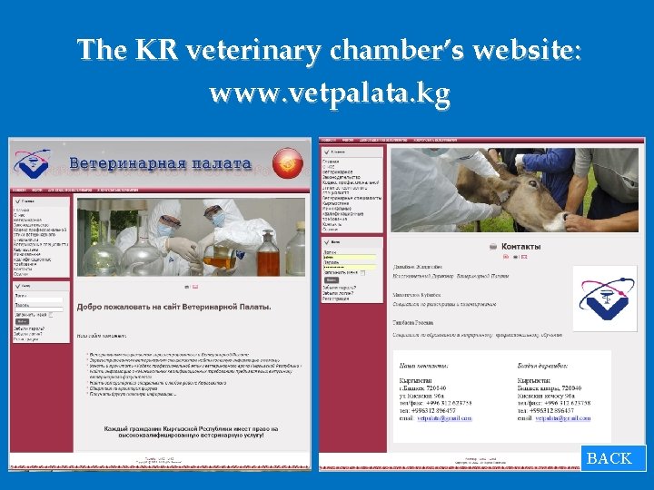 The KR veterinary chamber’s website: www. vetpalata. kg BACK 