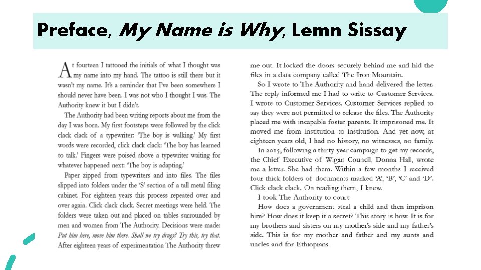 Preface, My Name is Why, Lemn Sissay 