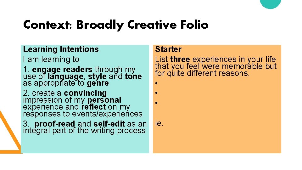 Context: Broadly Creative Folio Learning Intentions I am learning to 1. engage readers through