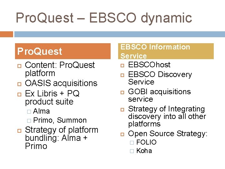 Pro. Quest – EBSCO dynamic Pro. Quest Content: Pro. Quest platform OASIS acquisitions Ex
