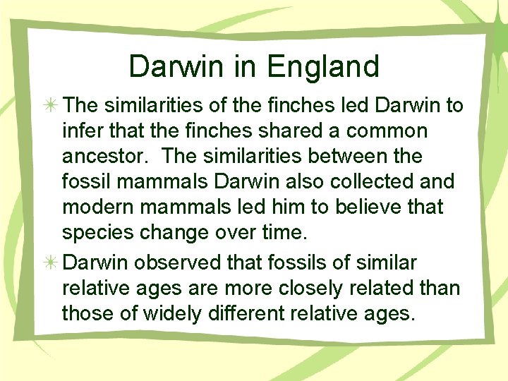 Darwin in England The similarities of the finches led Darwin to infer that the