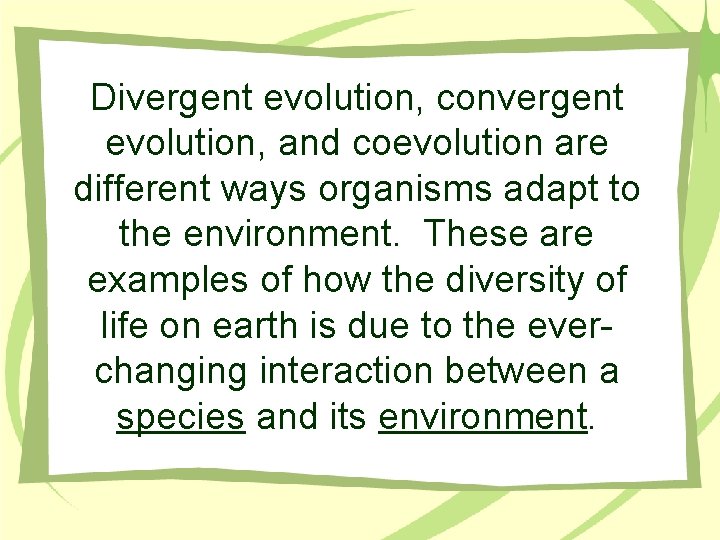 Divergent evolution, convergent evolution, and coevolution are different ways organisms adapt to the environment.