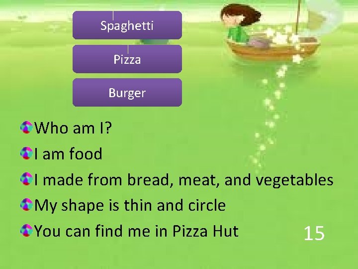 Spaghetti Pizza Burger Who am I? I am food I made from bread, meat,