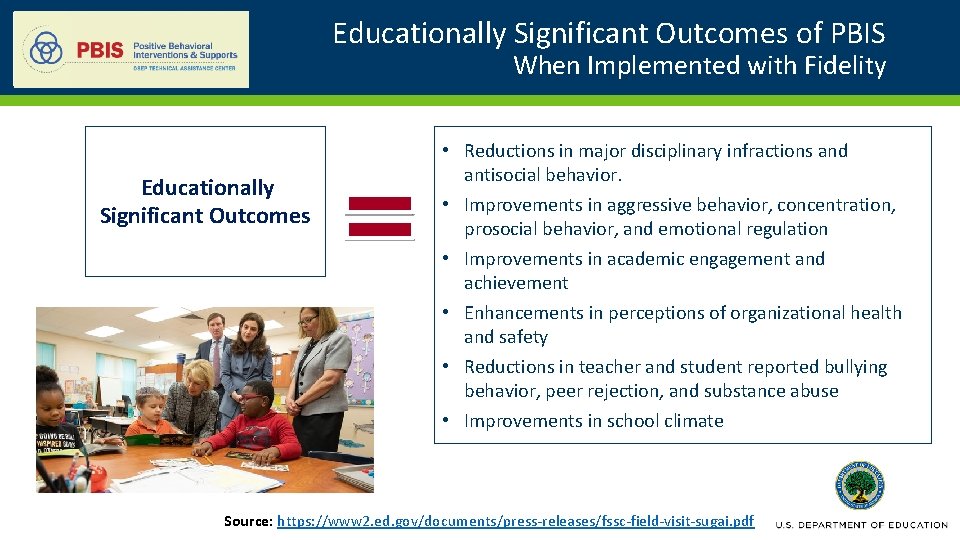 Educationally Significant Outcomes of PBIS When Implemented with Fidelity Educationally Significant Outcomes • Reductions