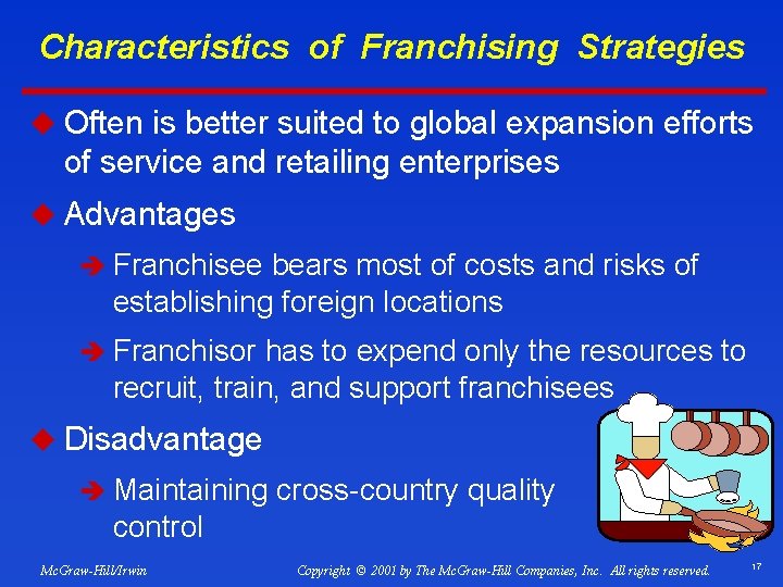 Characteristics of Franchising Strategies u Often is better suited to global expansion efforts of