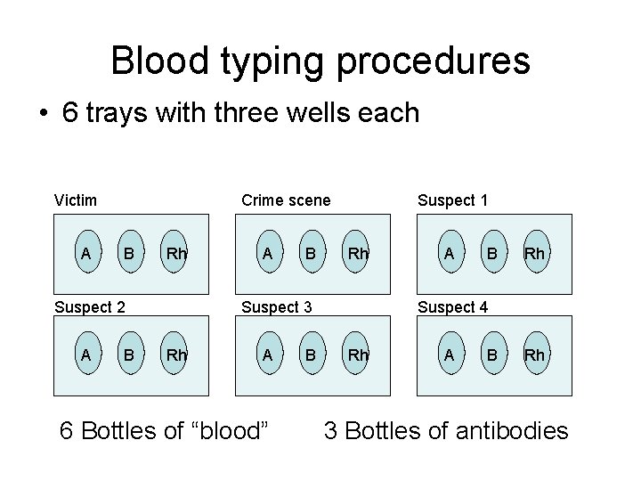 Blood typing procedures • 6 trays with three wells each Victim A Crime scene