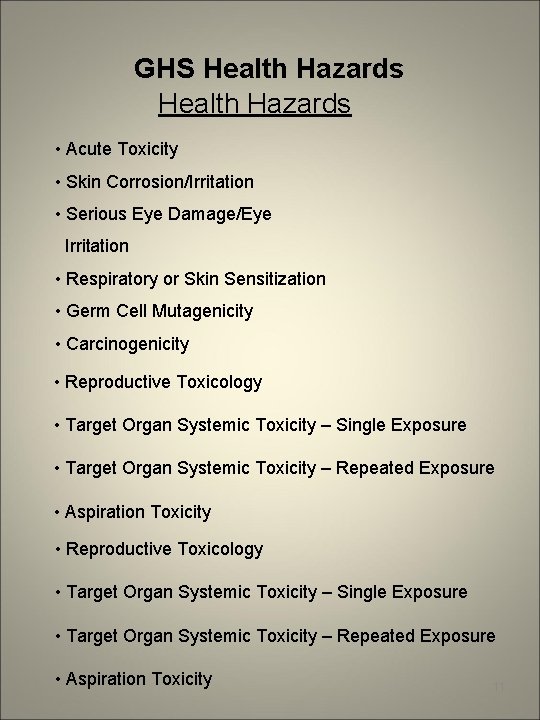 GHS Health Hazards • Acute Toxicity • Skin Corrosion/Irritation • Serious Eye Damage/Eye Irritation