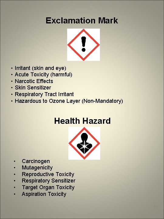 Exclamation Mark • • • Irritant (skin and eye) Acute Toxicity (harmful) Narcotic Effects